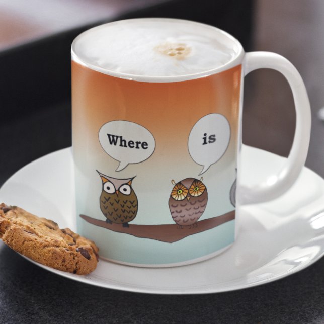 Caneca De Café Onde Está O Meu Café? Quatro Corujas Mug (Perched and perplexed, these owls wonder, 'Where is my coffee?)
