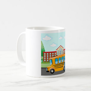 Caneca De Café Ônibus Escolar Amarelo com Motorista e Prédio Esco