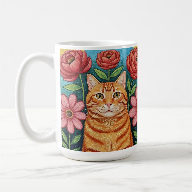 Caneca De Café Orange Cat Folk Art Flowers (Esquerda)