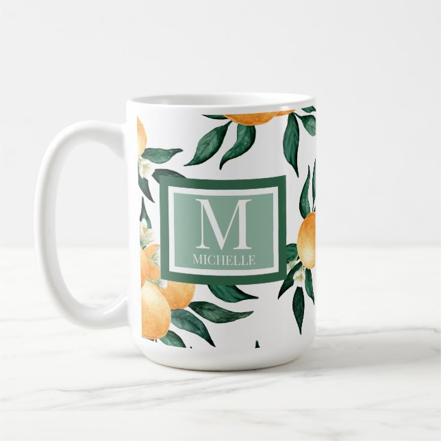 Caneca De Café Orange Citrus Watercolor Monogram Name (Esquerda)