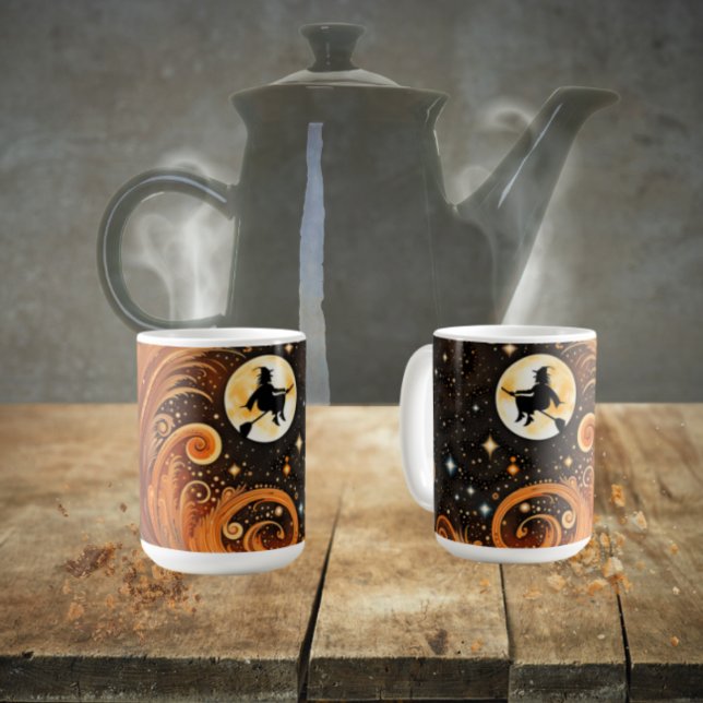 Caneca De Café Orange Sky com Lua e Bruxa na Broom (Halloween witch across an orange sky and a harvest moon on Halloween night coffee mug. )