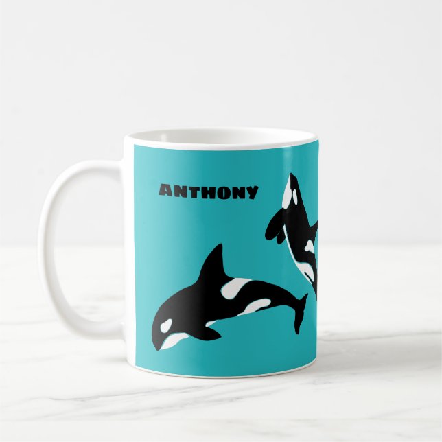 Caneca De Café Orcas Killer Whales Teal Blue Personalizado (Esquerda)