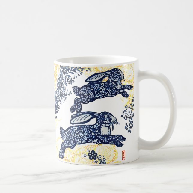Caneca De Café Oriental Blue White Rabbit Floral Chinoiserie (Direita)