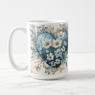 CANECA DE CAFÉ ORNAMENTADO AZUL DOURADO CORAÇÃO FLORAL