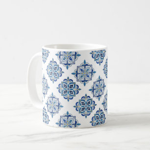 Caneca De Café Ornamento bordado azul no branco