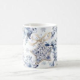 Caneca De Café Ornamento de Natal Estrela Floral Azul e Branco