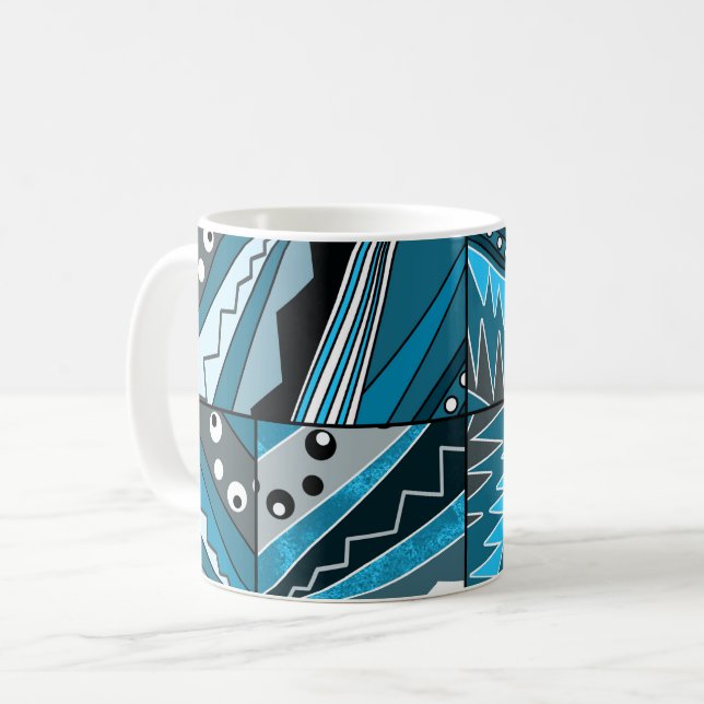 Caneca De Café Ornamento étnico azul monocromático. (Frente Esquerda)