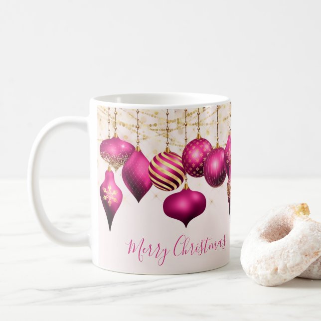 Caneca De Café Ornamentos Dourados Rosa Quente Feliz Natal (Com Donut)