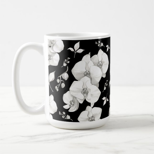 Caneca De Café Orquídea Branca de Aquarela em Preto | (Esquerda)