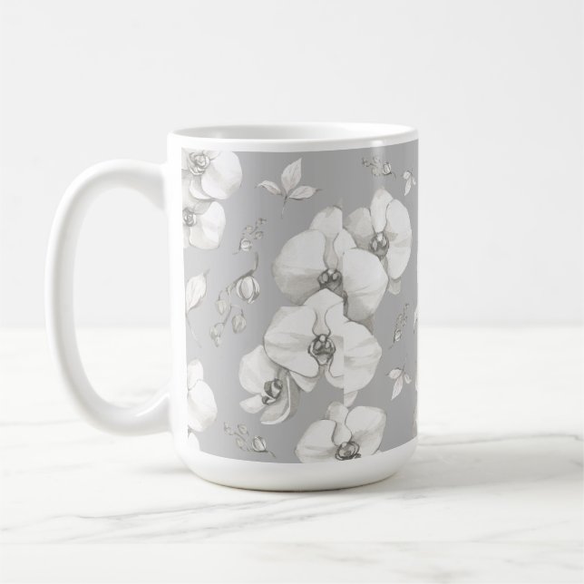 Caneca De Café Orquídea Branca de Aquarela na Cinza | (Esquerda)