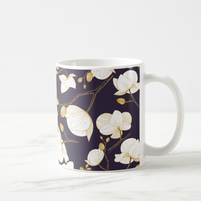 Caneca De Café Orquídea elegante branca e Dourada roxa floral mod (Direita)