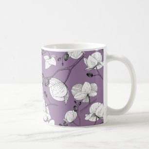 Caneca De Café Orquídea elegante branca e preta roxa-branca