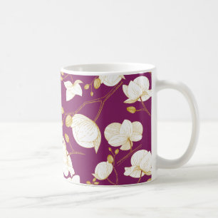 Caneca De Café Orquídea elegante Dourada e branca, floral moderno
