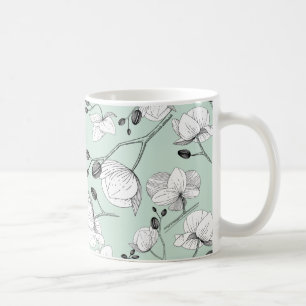 Caneca De Café Orquídea floral elegante branca e preta