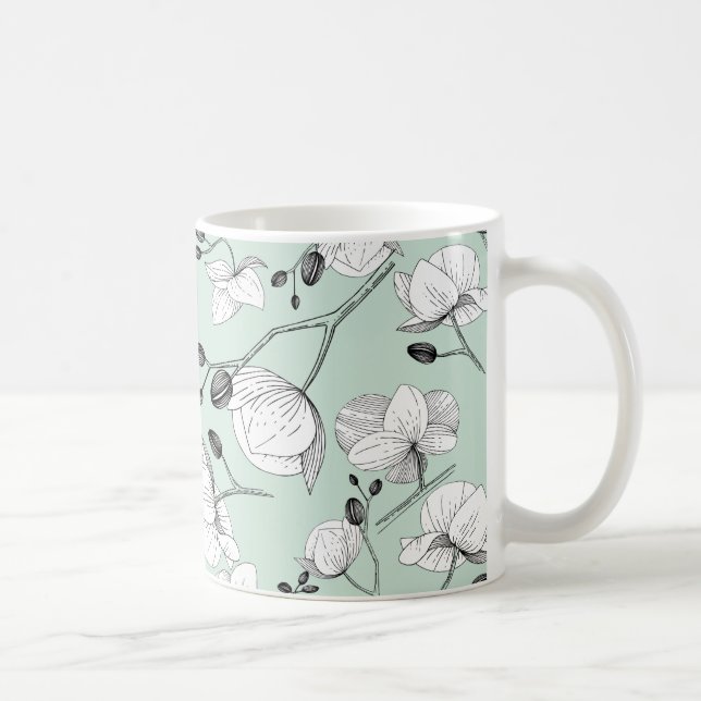 Caneca De Café Orquídea floral elegante branca e preta (Direita)