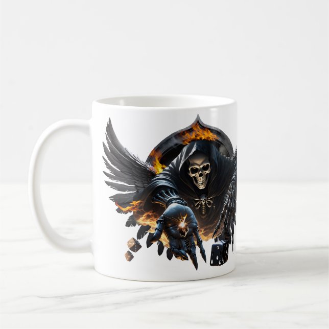 Caneca De Café Ossos e magia, esqueleto com dados místicos. (Esquerda)