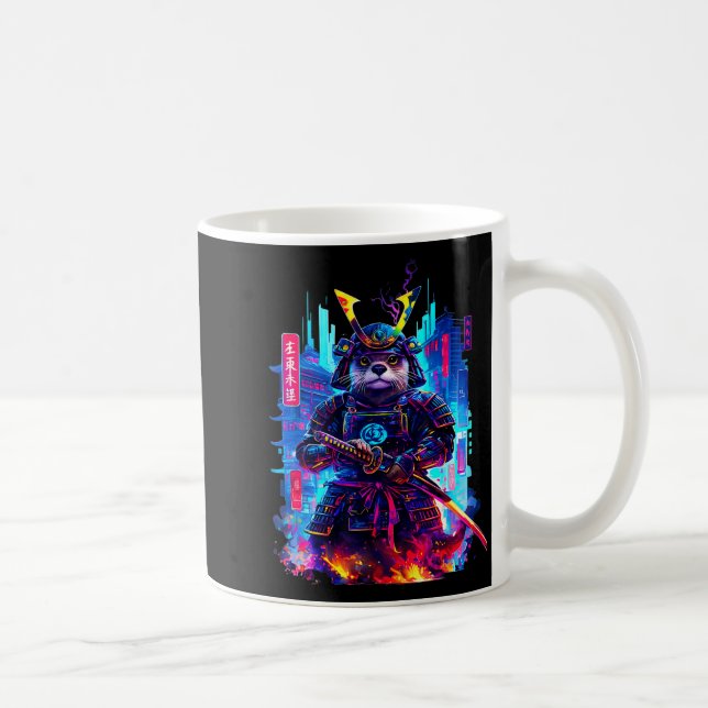 Caneca De Café Otter Katana Cyberpunk Neon Samurai Japanese Art  (Direita)
