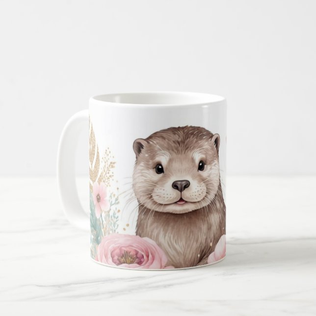 Caneca De Café Otter Whimsical com Floral Garland (Frente Esquerda)