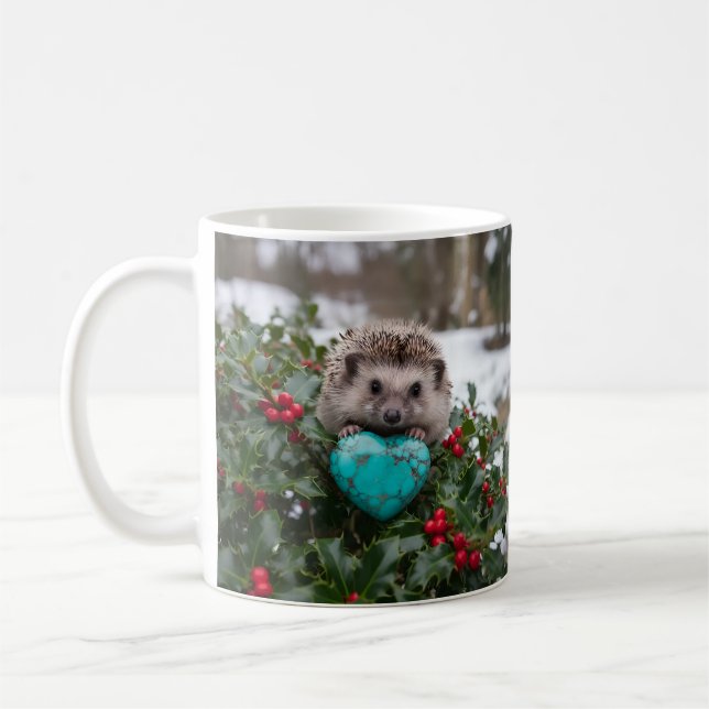 Caneca De Café ouriço fofo de dezembro com coração turquesa (Esquerda)
