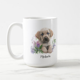 Caneca De Café Ouro Bonito Labrador Puppy Florals Nome do Monogra