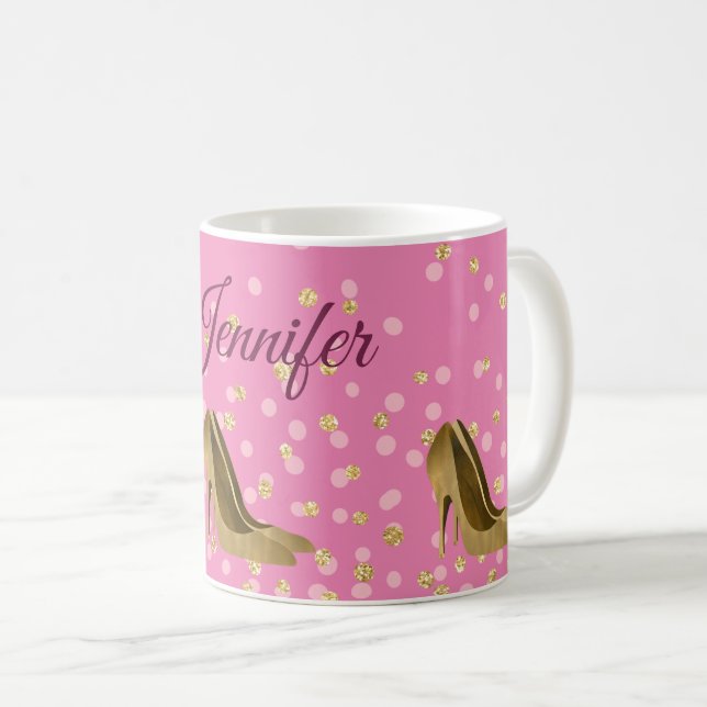 Caneca De Café Ouro Chic Stilettos Rosa  (Frente Esquerda)