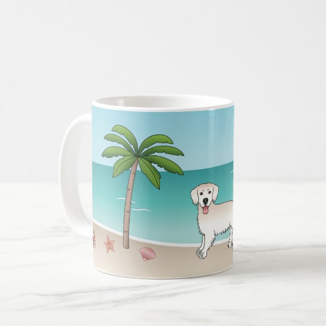 Caneca De Café Ouro De Creme Em Praia Tropical De Verão (Frente Esquerda)