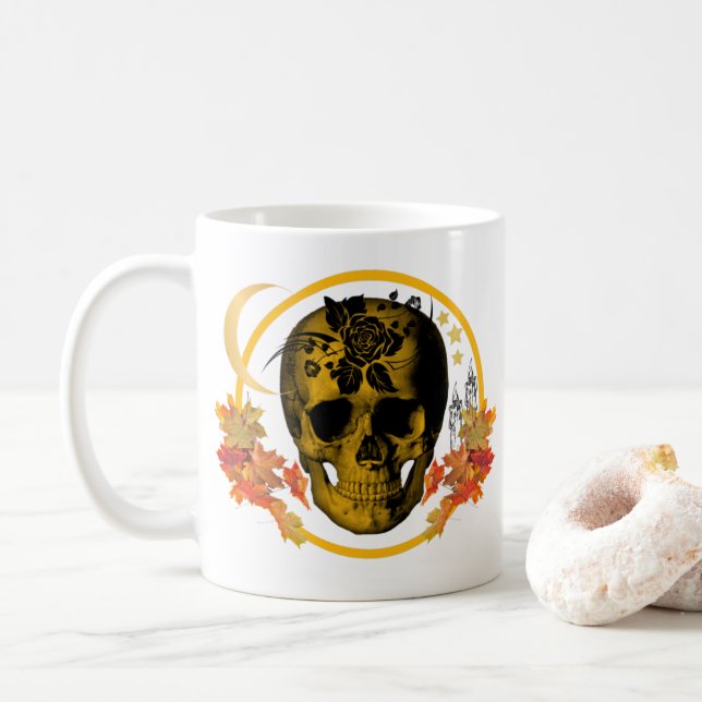 Caneca De Café Ouro de Halloween assustador Caveira com Rosa pret (Com Donut)