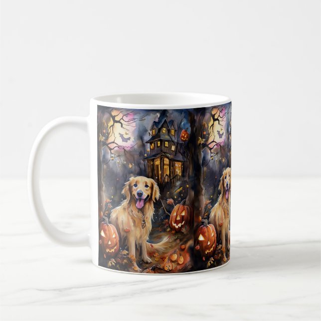 Caneca De Café Ouro De Halloween Retriever Com Pumpkins Assustado (Esquerda)