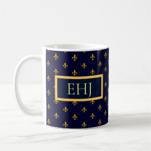 Caneca De Café Ouro Fleur de Lis no Marinho Blue