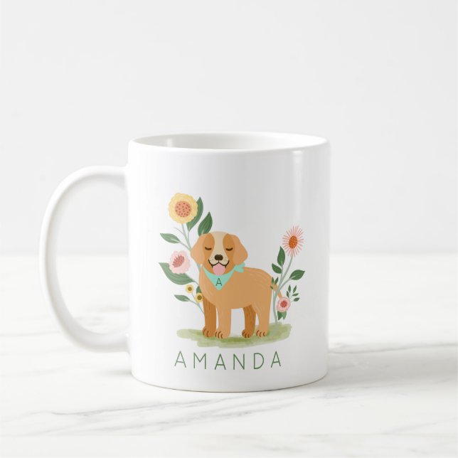 Caneca De Café Ouro Floral Bonito Adorável Pet De Retriever (Esquerda)