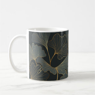 Caneca De Café Ouro Ginkgo: Deco Floral Luxurioso.