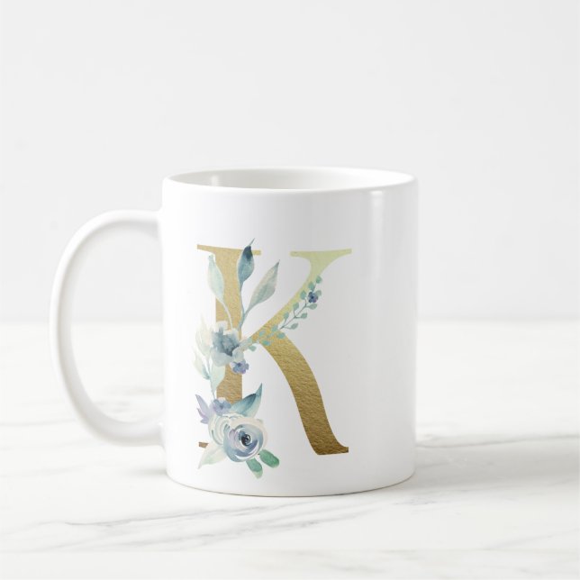 Caneca De Café Ouro inicial com folhagem floral azul (Esquerda)