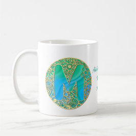 Caneca De Café Ouro, letra M turquesa e Flores Coloridas