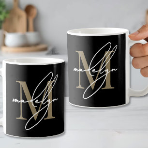 Caneca De Café Ouro Negro Nome Inicial Monograma