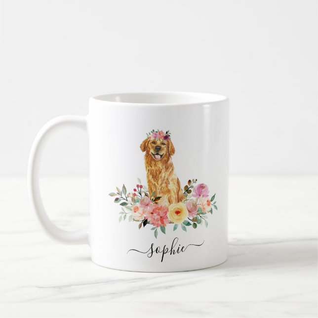 Caneca De Café Ouro Retriever Personalizado Café Floral (Esquerda)