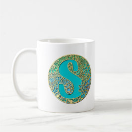 Caneca De Café Ouro, Turquesa Monograma S e Flores Coloridas