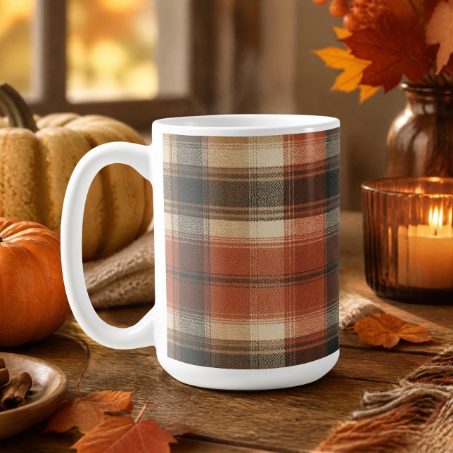 Caneca De Café Outono Clássico Rústico Xadrez Rust Creme Preto (Criador carregado)