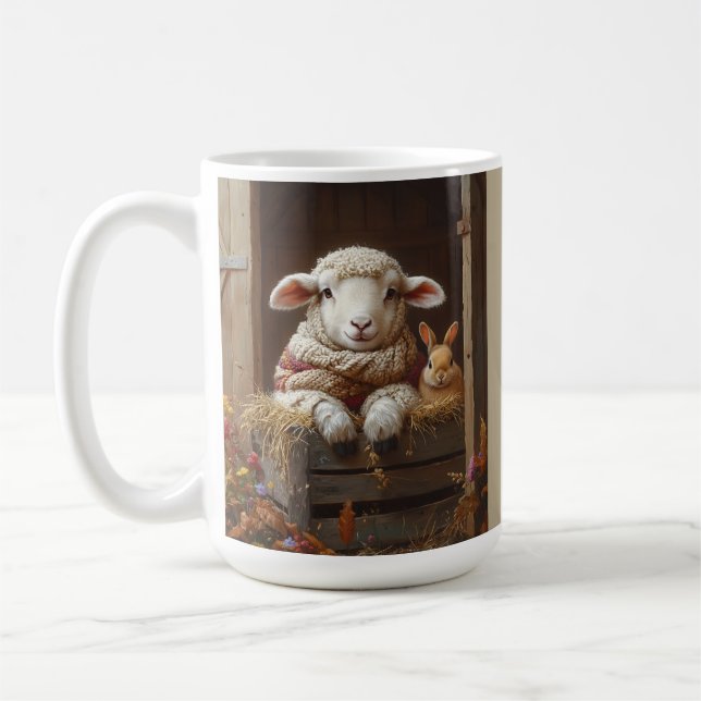 Caneca De Café Ovelhas e coelhos em celeiro com flores (Esquerda)