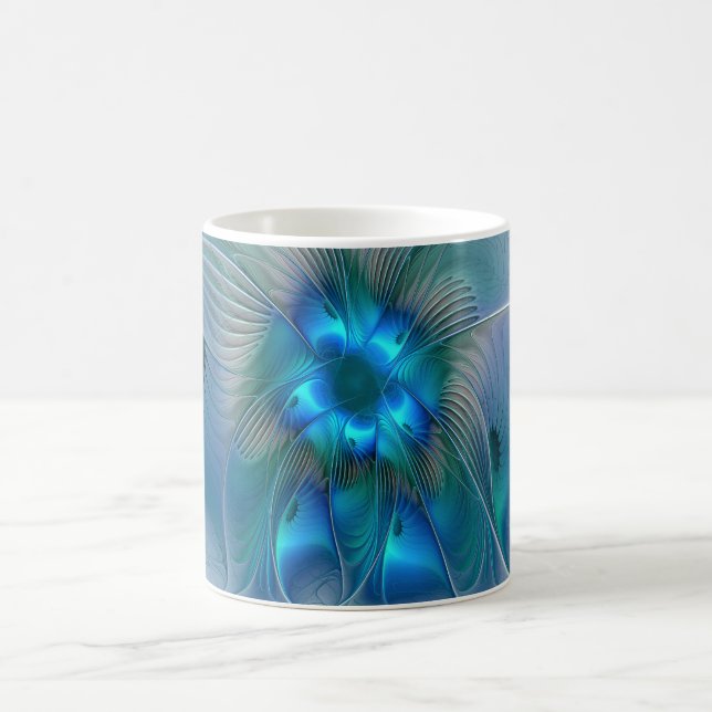Caneca De Café Ovinas de Pé, Fractal Turquesa Azul Abstrato (Centro)