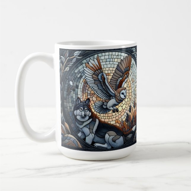 Caneca De Café Owl e Wolf Mosaic Nature Ai Art (Esquerda)