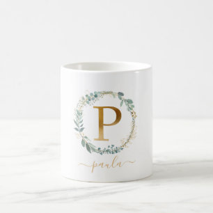 Caneca De Café P monograma, coroa de folhas específicas do clien