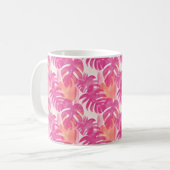 Caneca De Café Padrão abstrato simples com folhas de monstera, f (Frente Esquerda)