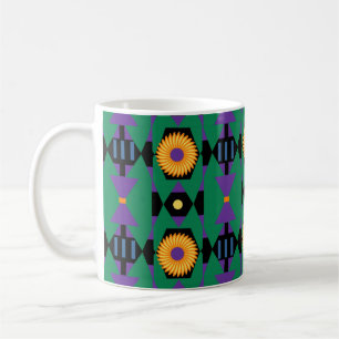 Caneca De Café Padrão abstrato Verde Roxo com Flores Amarelas