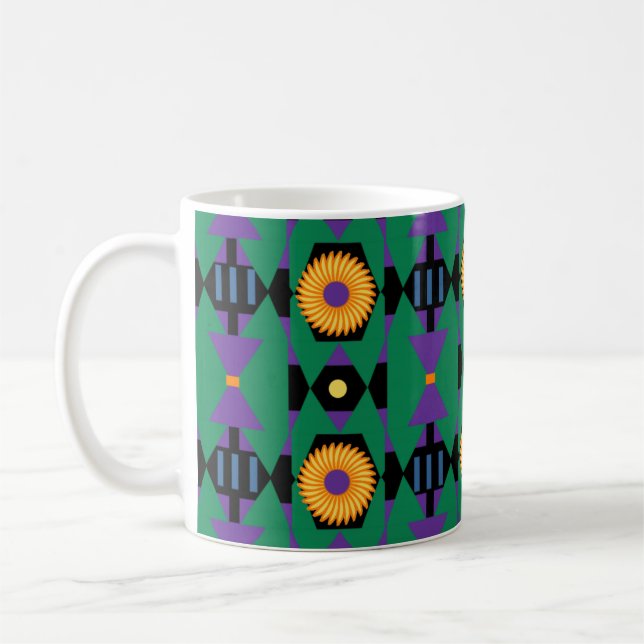 Caneca De Café Padrão abstrato Verde Roxo com Flores Amarelas (Esquerda)