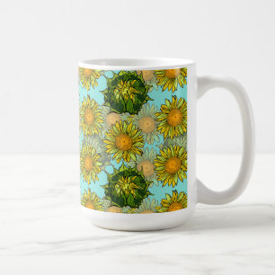 Caneca De Café Padrão Amarelo de Girassóis com Folhagem e Buds