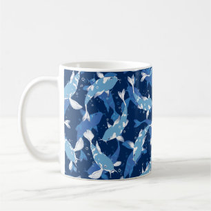 Caneca De Café Padrão Aquático Azul - Peixe Koi