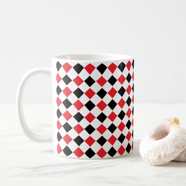 Caneca De Café Padrão Argyle Preto e Vermelho (Com Donut)