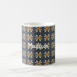 Caneca De Café Padrão Azul Naval Laranja Floral Retro Personaliza