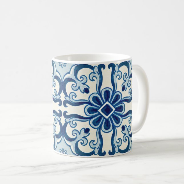 Caneca De Café Padrão Azulejos Azul de Azulejo Floral (Frente Esquerda)