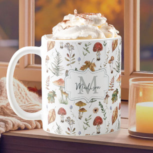 Caneca De Café Padrão Botânico de Cogumelo Samambaia em Aquarela 